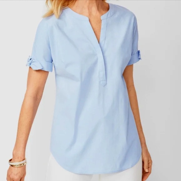 Talbots Tops - Talbots Shirt Top Blouse Sz XLP XL Petite 14 16 Blue Poplin Tie Sleeve Chic